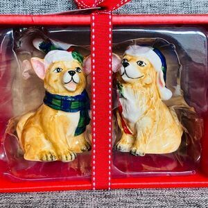 NWT Blue Sky Ceramic 2-pc Dog Christmas Salt & Pepper Shakers Set